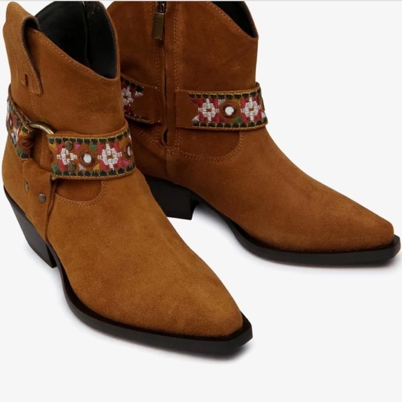 PINKO Italian Brown Suede Leather Boots Harness Detail Ankle Booties | Size 39 - Picture 5 of 14